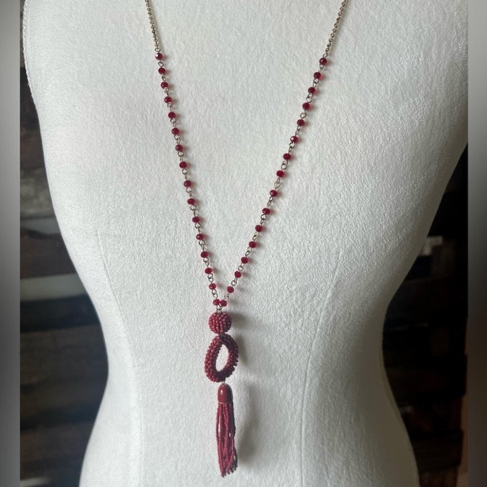 NEW! Long Gold Necklace with Red Beads and Tassel 40β